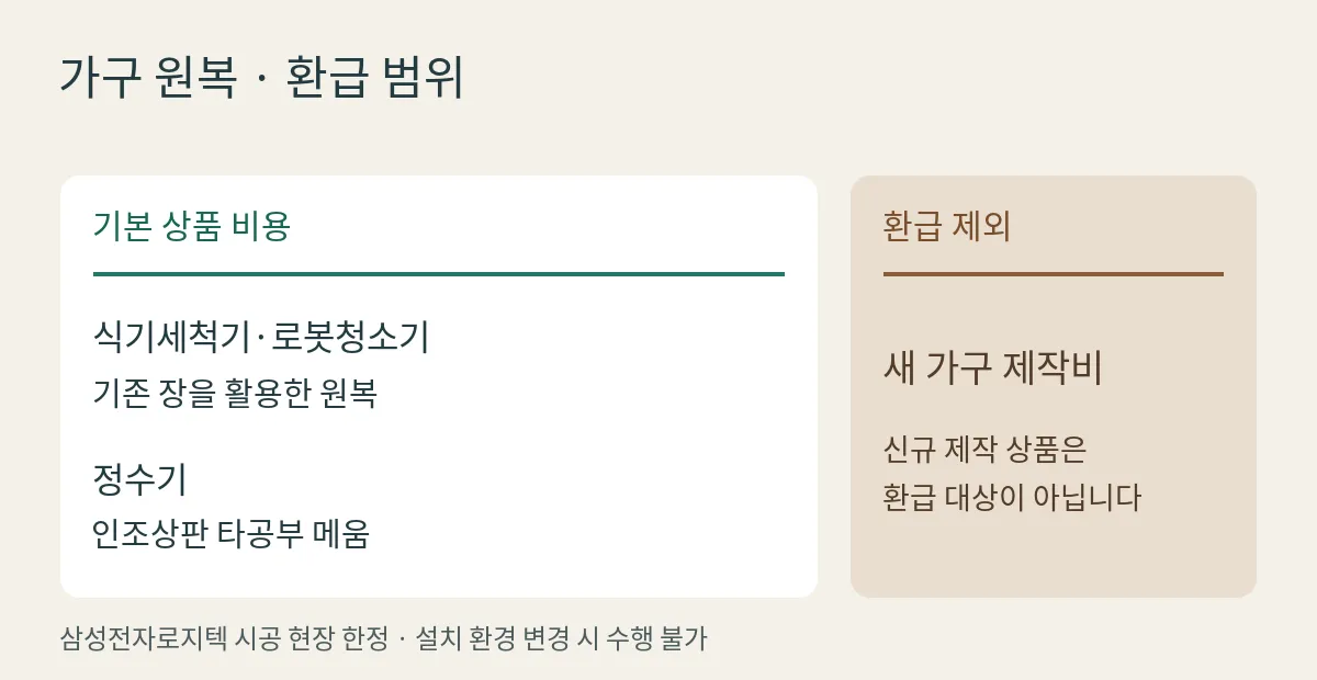 기존 장 원복과 정수기 인조상판 구멍 메움은 기본 상품 환급 범위이며 새 가구 제작비는 제외되는 비교